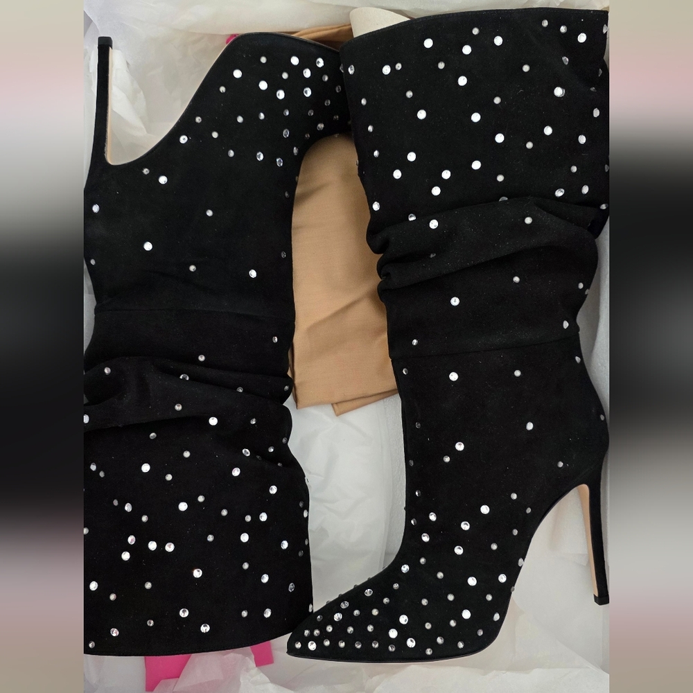 New Paris Texas Embellished Black Suede Slouchy Heeled Boots EUR 37